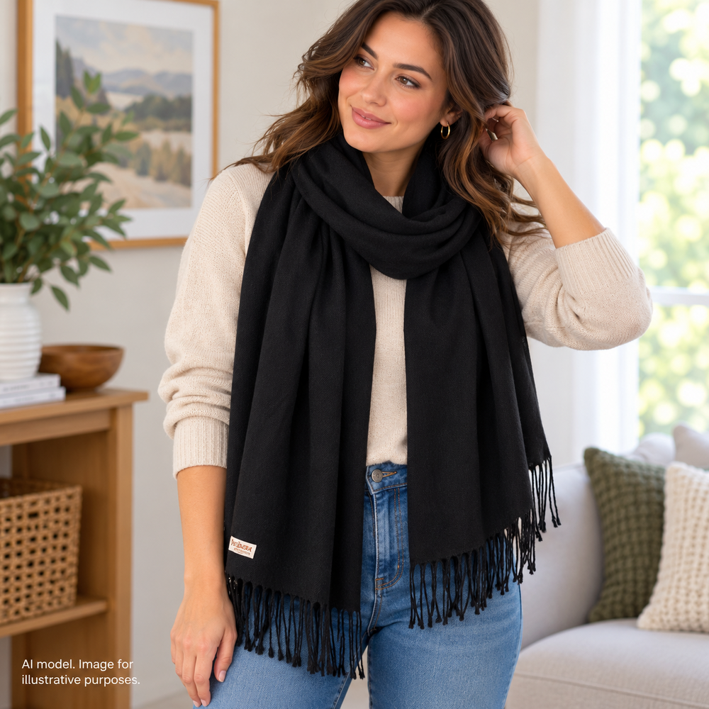 Pashmina Shawl Wrap Womens One Size Black Cashmere Fringe Tassel Soft Knit